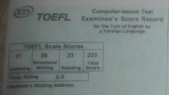 TOEFL-CBT2回目の受験で233点を取得